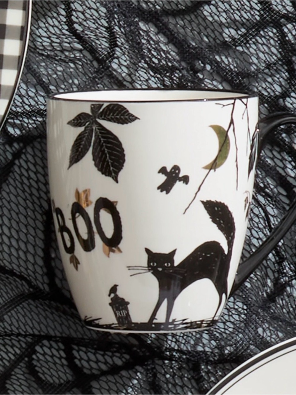 Two4Me Two4U ** New Lenox Haunted Halloween CAT and PUMPKIN 12oz Porcelain Mugs